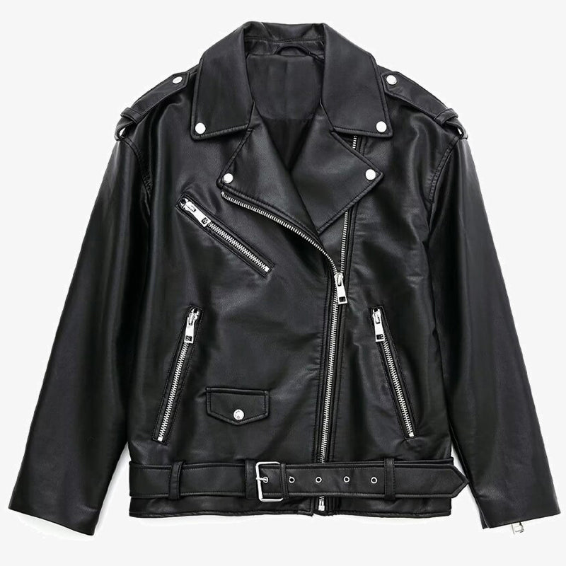 Blouson Retro Simili Cuir Noir Femme